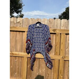 Hayden Blue Mix Border Print Open Front Sleeves Asymmetrical Kimono Medium Large